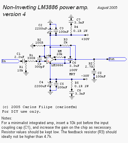 Snubberized LM3886 Gainclone circuit by Carlos Machado.